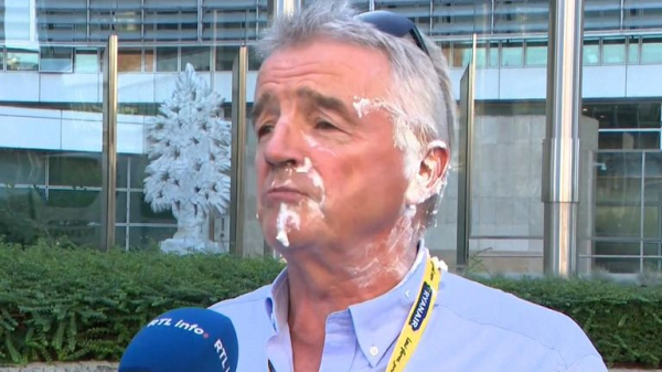 Ryanair boss Michael O'Leary pied in the face by protesters